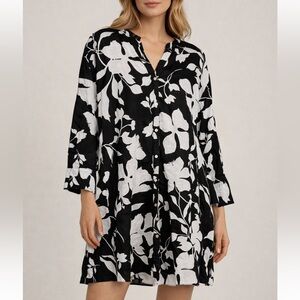 Cynthia Rowley Black and White Floral Midi Dress 100% Linen
